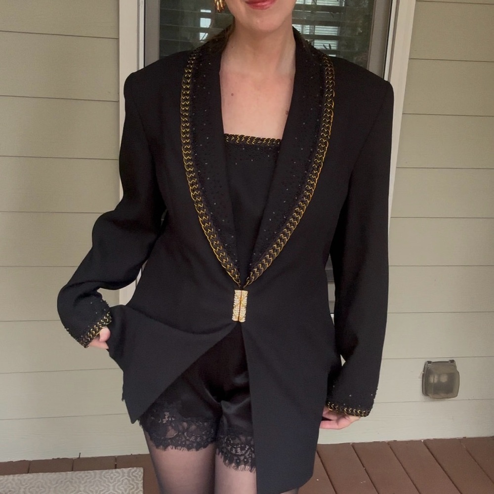Vintage 80s Stella Louise Blk & Gold Beaded Holiday Cocktail Party Blazer, M/L
